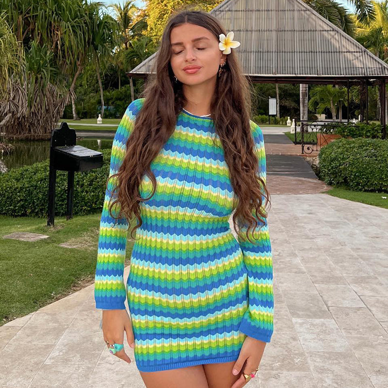 Celia® | Striped evening dress with long sleeves for women