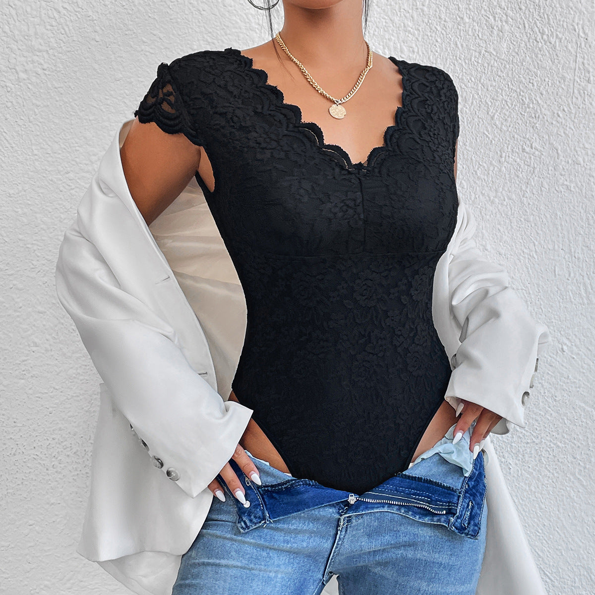 Avelina® | Elegant Body Suit With Lace Sleeves And V-Neck