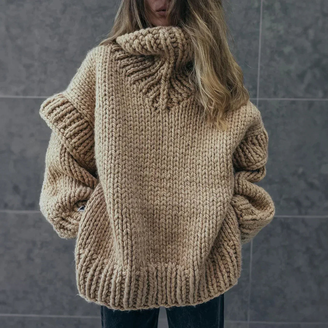 Women’s Turtleneck Sweater – Oversized Fit – Chunky Wool Knit – Ribbed Detailing