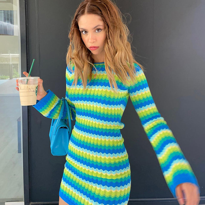 Celia® | Striped evening dress with long sleeves for women