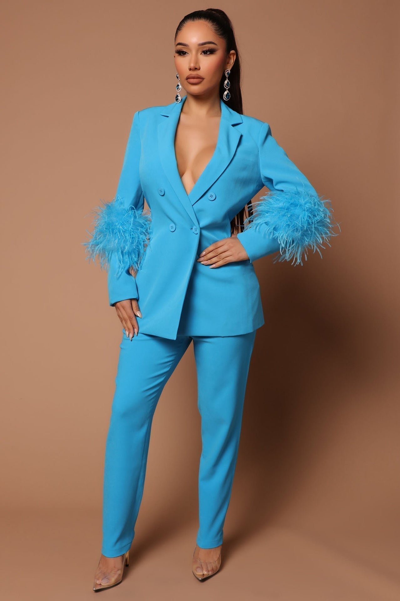 Amara® | Blazer with feathers and pants set for women