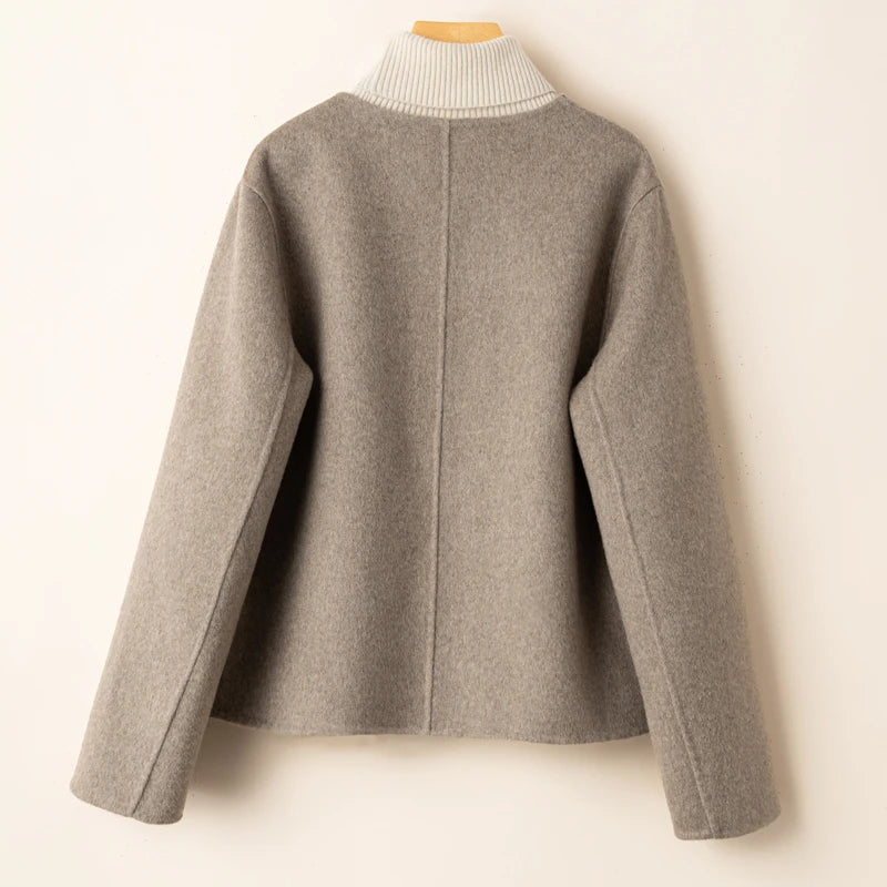 Women’s Cropped Jacket – Wool Blend – Relaxed Fit – Collarless – Button Detail – Pockets