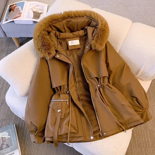 Women’s Mid-Length Coat – Relaxed Fit – Faux Fur Lined – Hooded – Adjustable Waist