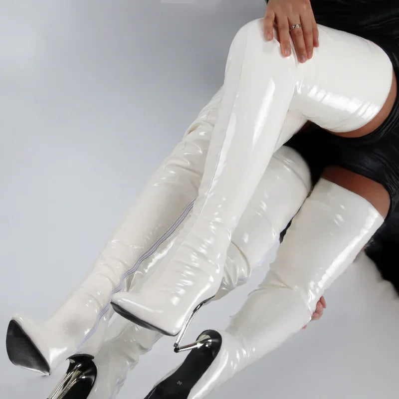 Women’s Over-the-Knee Boots – Glossy Patent Look – Pointed Toe – Stiletto Heel – Sleek Fit
