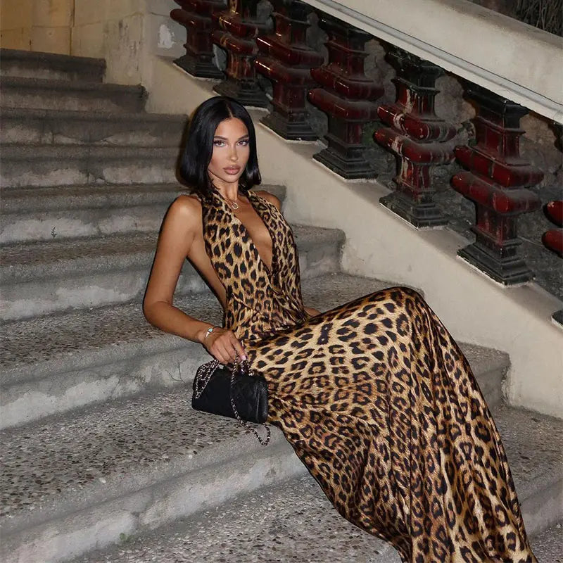 Celia® | Backless sleeveless leopard print maxi dress for evening party