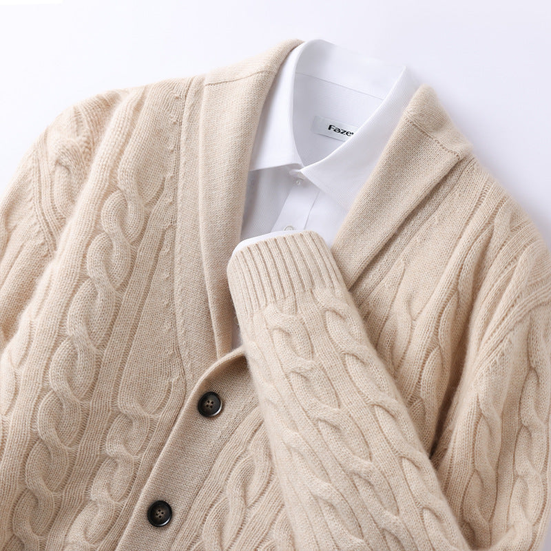 Men’s Cardigan – Wool Knit – Regular Fit – Cable Pattern – Button Front – Ribbed Trim