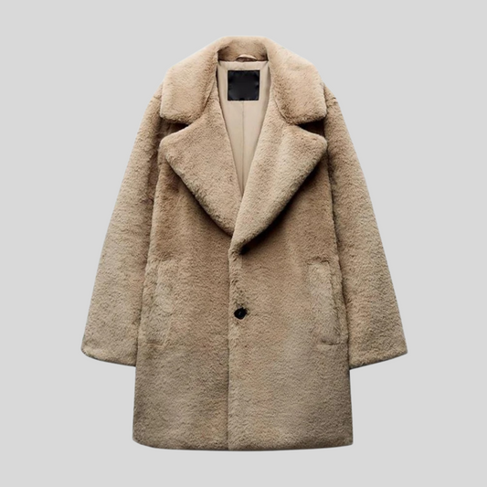 Women’s Full Length Coat – Oversized Fit – Plush Faux Fur – Wide Lapel – Button Front