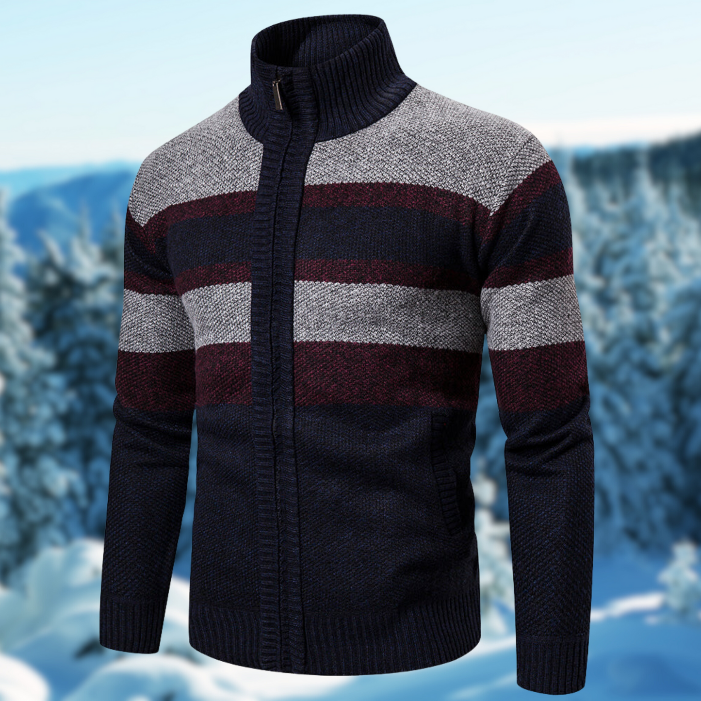 Men’s Knit Jacket – Regular Fit – Ribbed Mock Neck – Full Zip – Textured Wool Blend