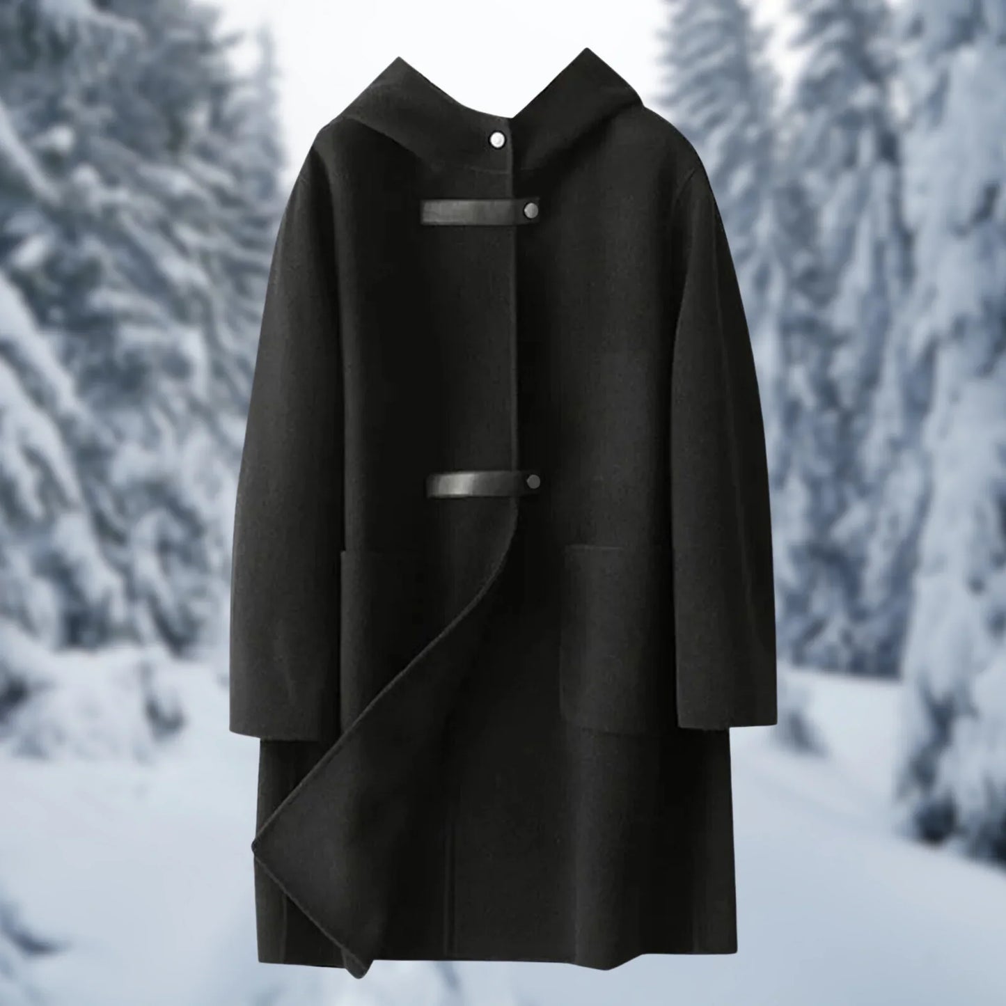 Women’s Long Coat – Wool Blend – Relaxed Fit – Hooded – Snap Button Closure