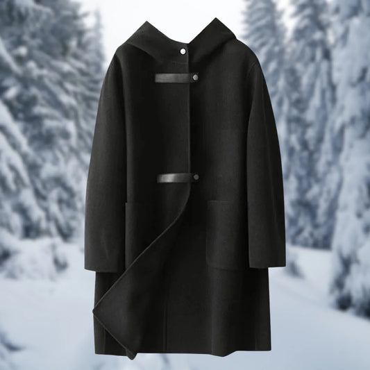 Women’s Long Coat – Wool Blend – Relaxed Fit – Hooded – Snap Button Closure