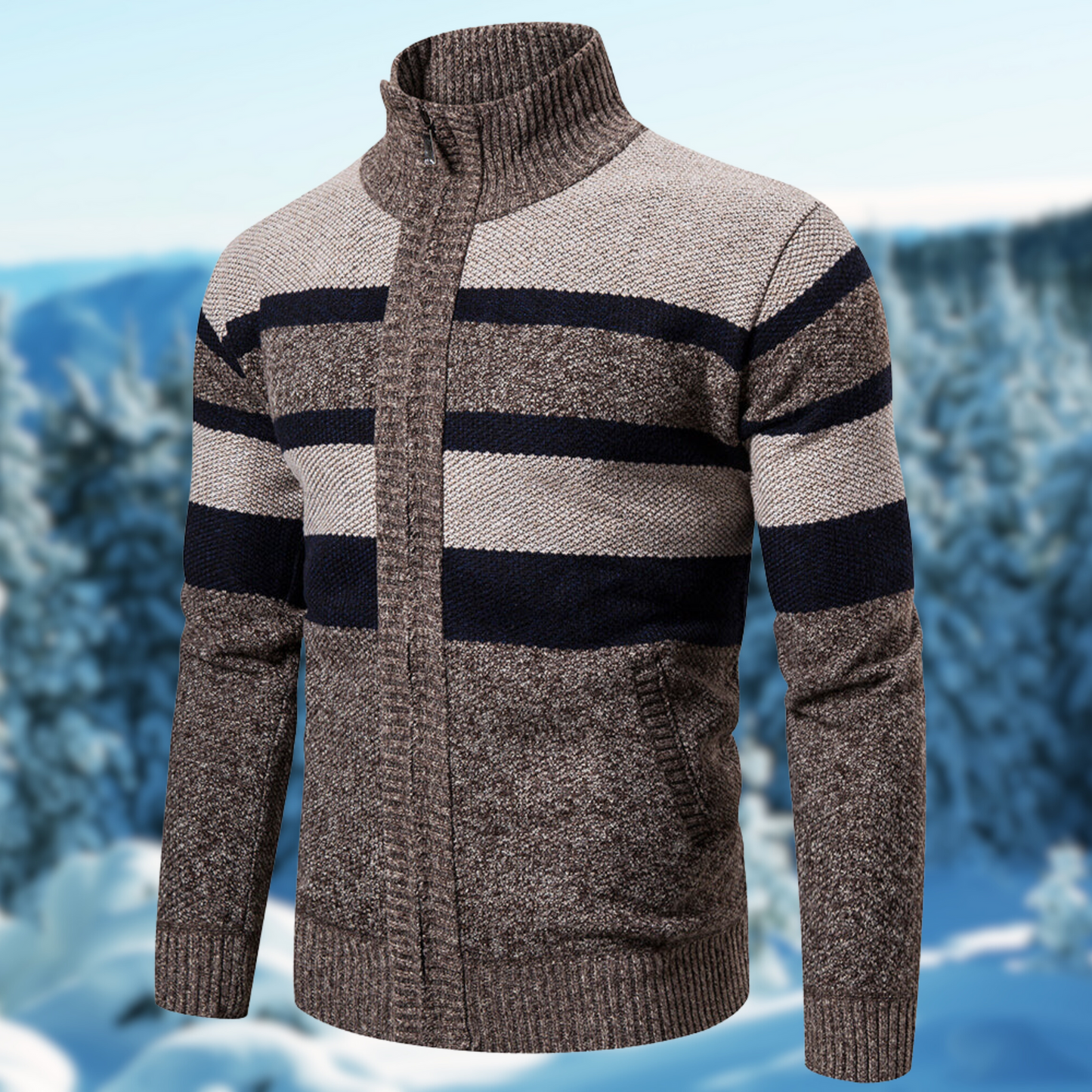 Men’s Knit Jacket – Regular Fit – Ribbed Mock Neck – Full Zip – Textured Wool Blend