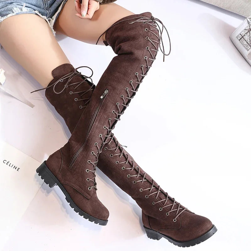 Women’s Over-the-Knee Boots – Suede Feel – Lace-Up Front – Side Zipper – Rugged Sole