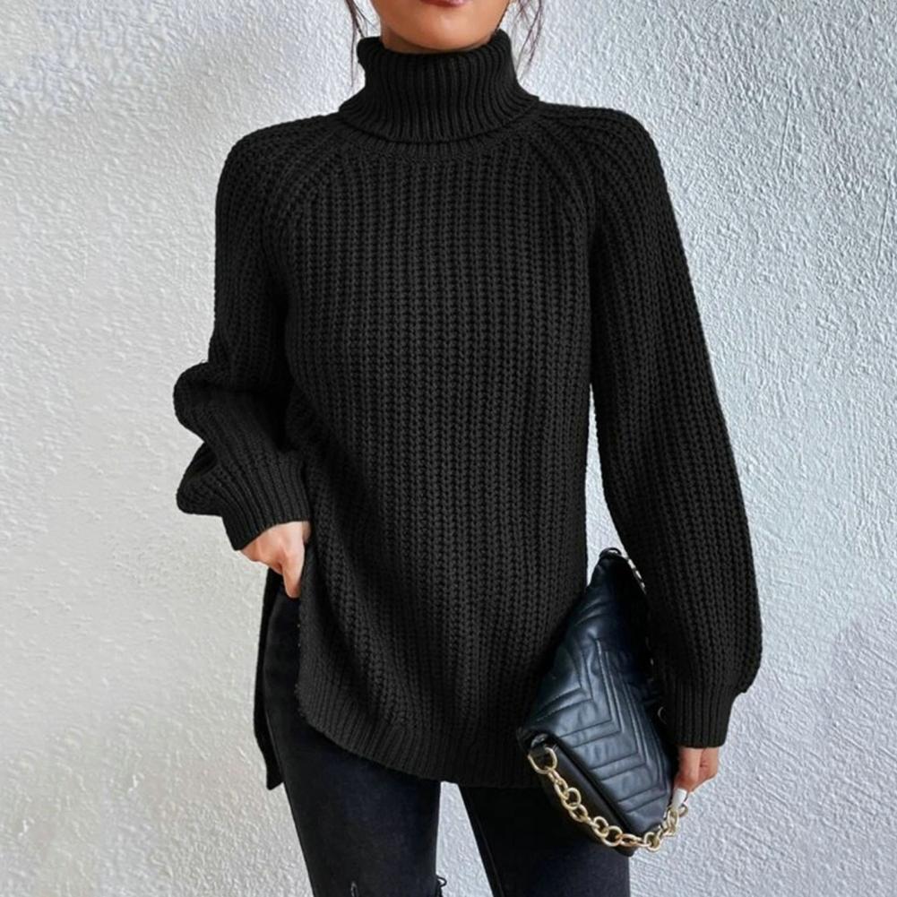 Women’s Turtleneck Sweater – Ribbed Wool Knit – Loose Fit – Long Sleeve Pullover