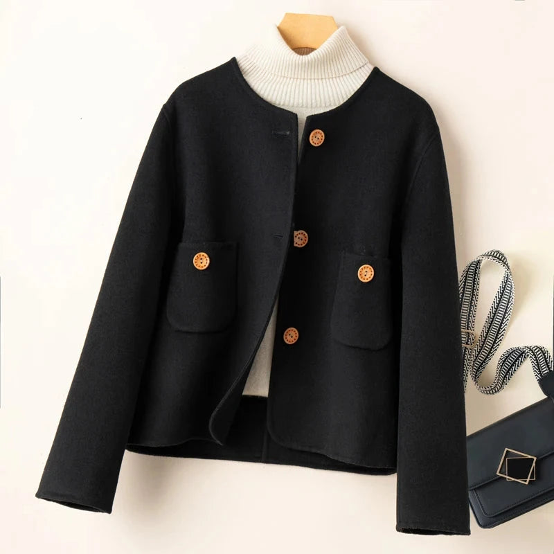 Women’s Cropped Jacket – Wool Blend – Relaxed Fit – Collarless – Button Detail – Pockets