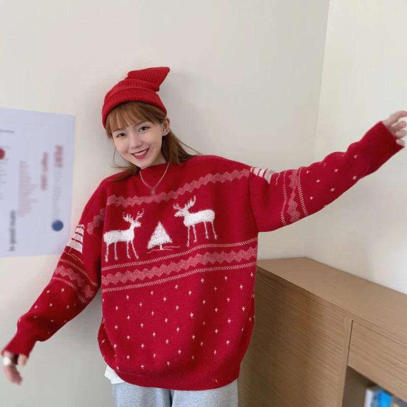 Avelina® | Warm women's knitted sweater with a Christmas reindeer pattern and a loose fit