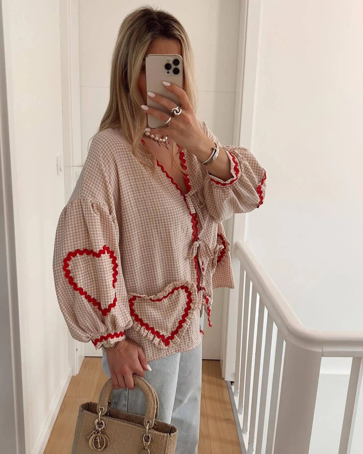 Antonia® | Vintage Blouse Stylish Women'S Blouse With Heart Pattern, Long Sleeves And Bow Details