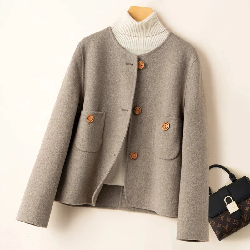 Women’s Cropped Jacket – Wool Blend – Relaxed Fit – Collarless – Button Detail – Pockets