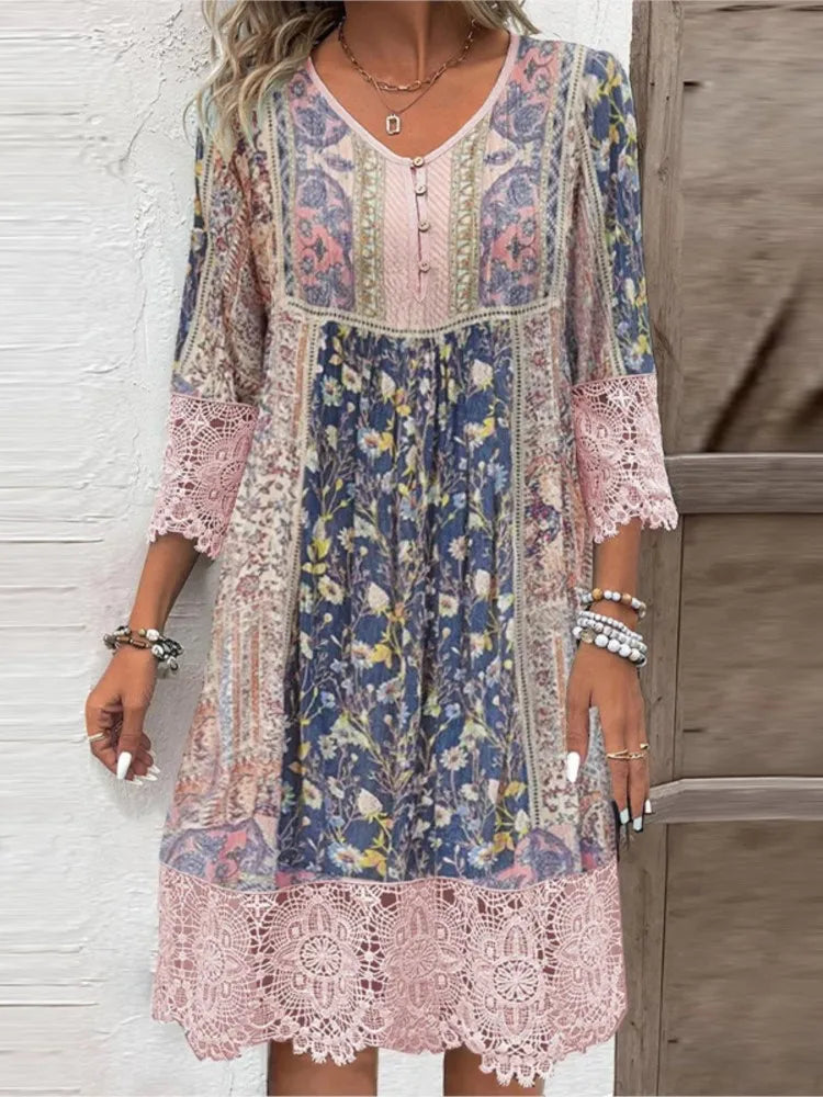 Jane | Floral Midi Dress with Lace and V-Neck