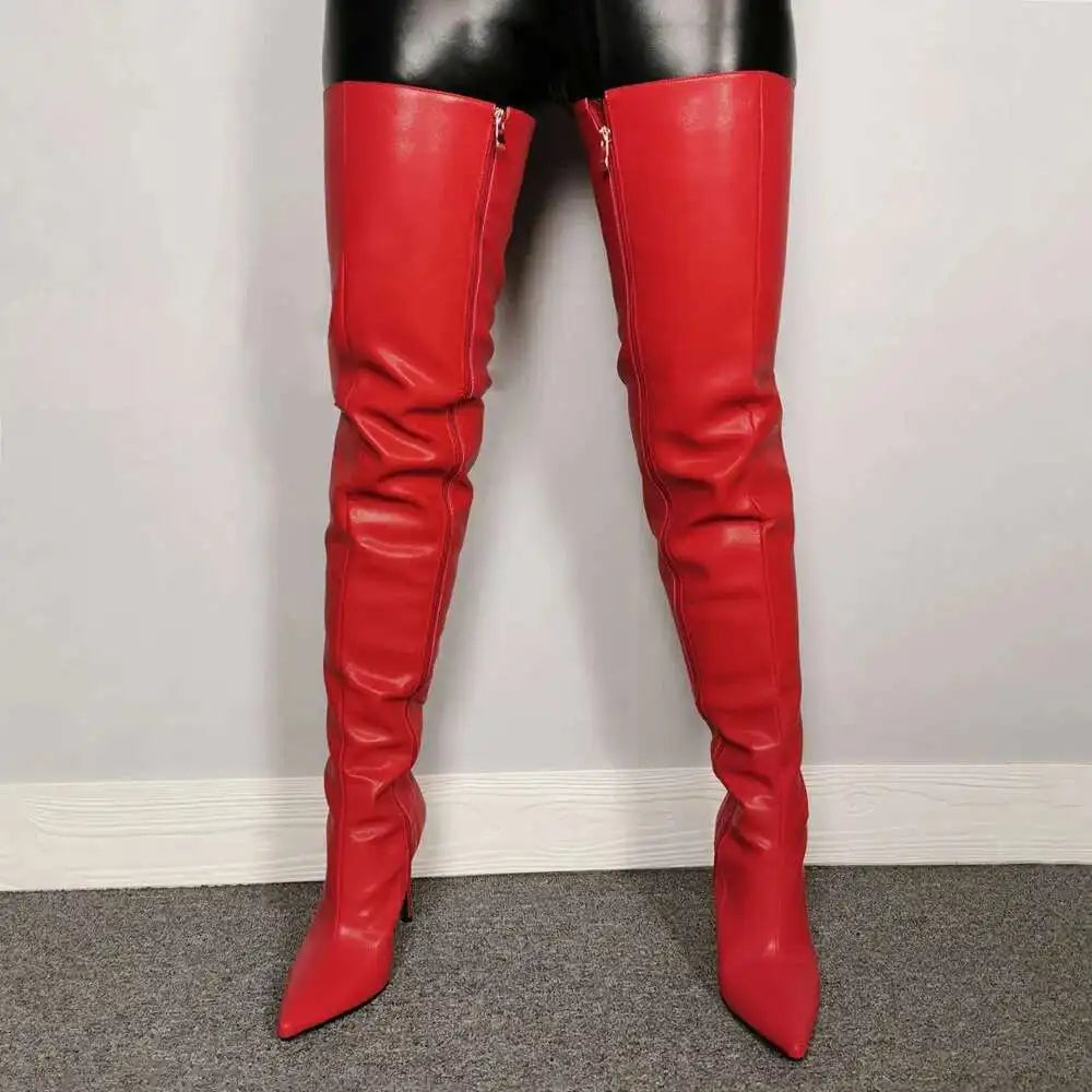 Women’s Over-the-Knee Boots – High Heel – Pointed Toe – Glossy Faux Leather – Zipper Closure