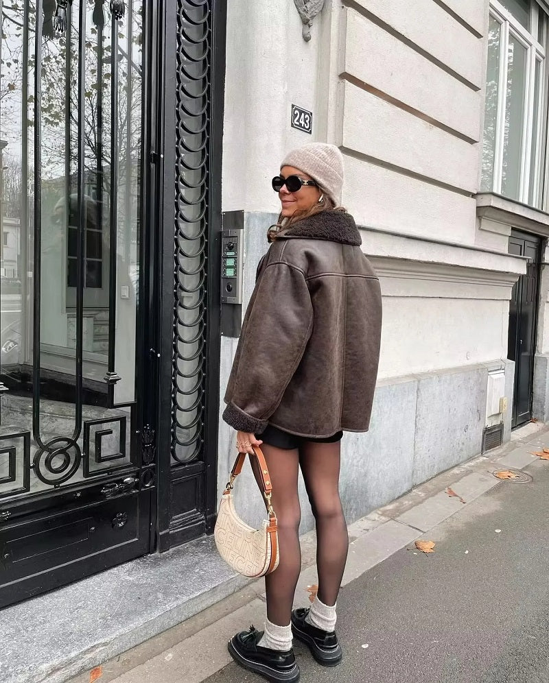 Aurora® | Oversized brown leather jacket