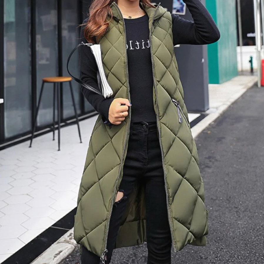 Women’s Long Hooded Vest – Quilted – Relaxed Fit – Weather Resistant – Zipper Pockets