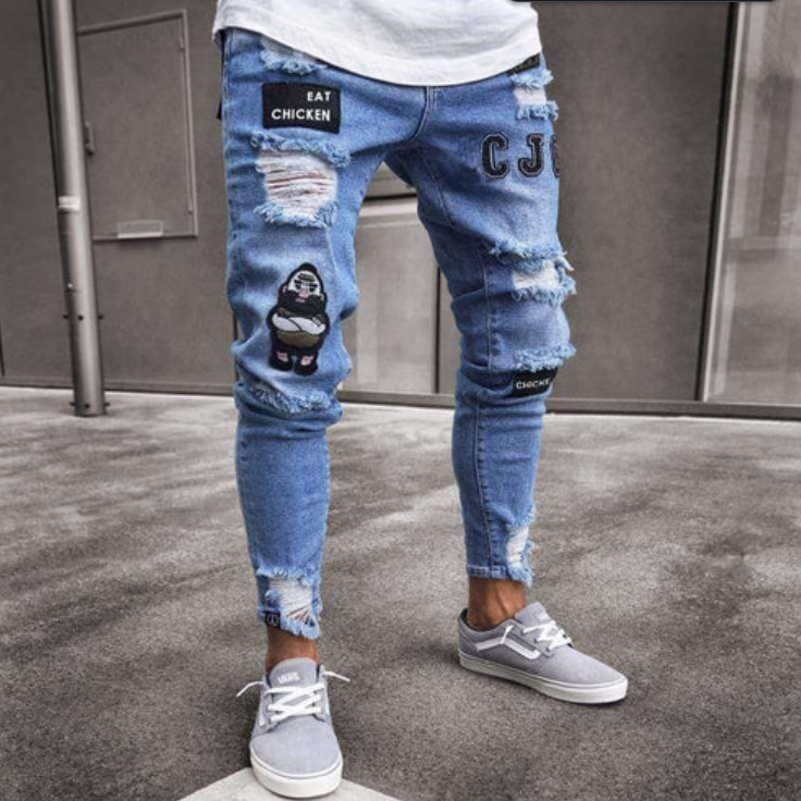 Men’s Skinny Jeans – Tapered Fit – Distressed Denim – Embroidered Patch Detail