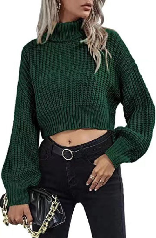 Women’s Knitted Sweater – Cropped Fit – Wool Blend – High Neck – Balloon Sleeves