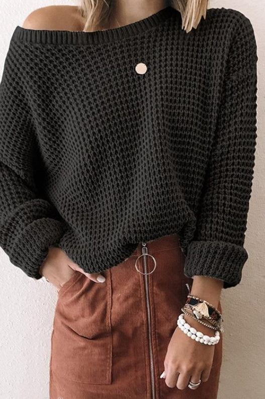 Women’s Knitted Sweater – Loose Fit – Chunky Wool Blend – Oblique Off-Shoulder Collar