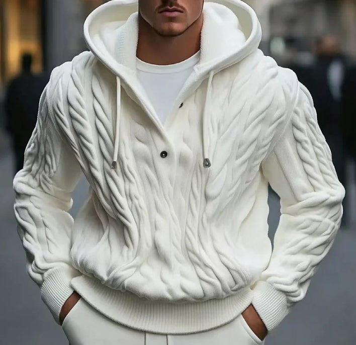 Men’s Hooded Knit Sweatshirt – Cable Knit – Loose Fit – Drawstring – Ribbed Hem