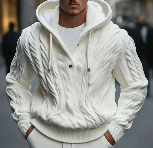 Men’s Hooded Knit Sweatshirt – Cable Knit – Loose Fit – Drawstring – Ribbed Hem