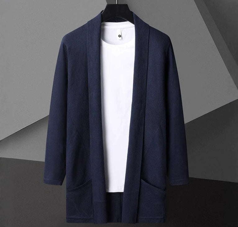 Men’s Cardigan Sweater – Slim Fit Knit – Open Front – Long Sleeve with Pockets