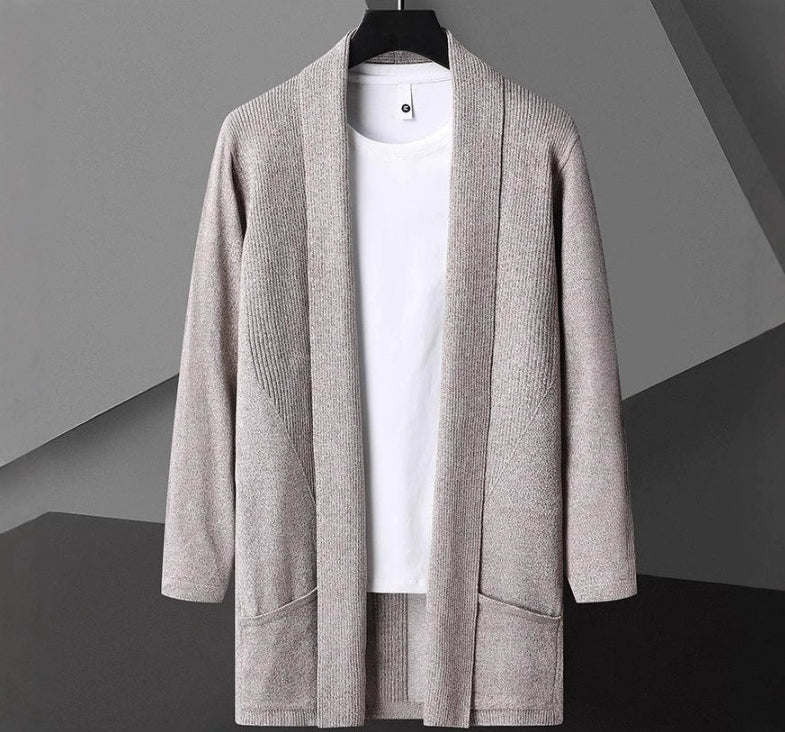 Men’s Cardigan Sweater – Slim Fit Knit – Open Front – Long Sleeve with Pockets