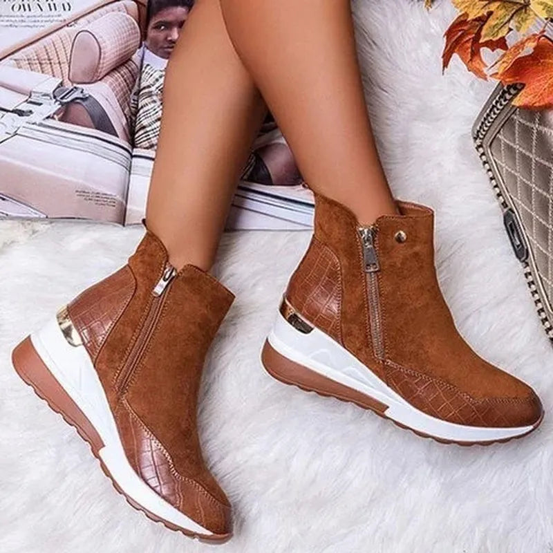 Women’s Ankle Boots – Suede Feel – Wedge Heel – Orthopedic Fit – Side Zip