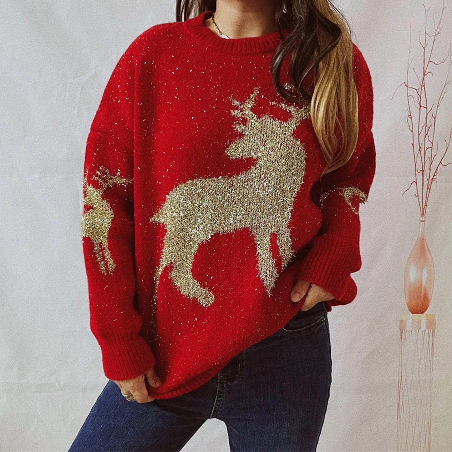 Elfriede® | Christmas deer crew neck knitted sweater for women