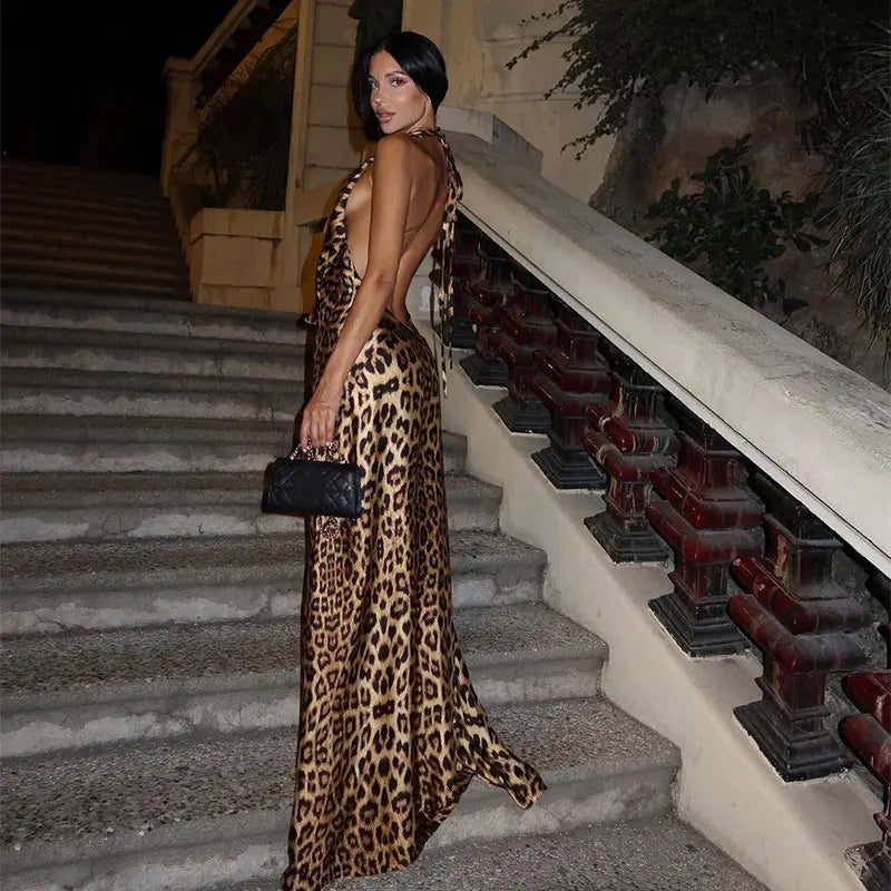 Celia® | Backless sleeveless leopard print maxi dress for evening party