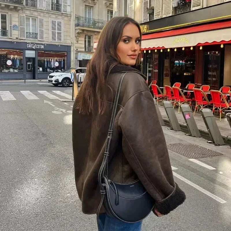 Aurora® | Oversized brown leather jacket