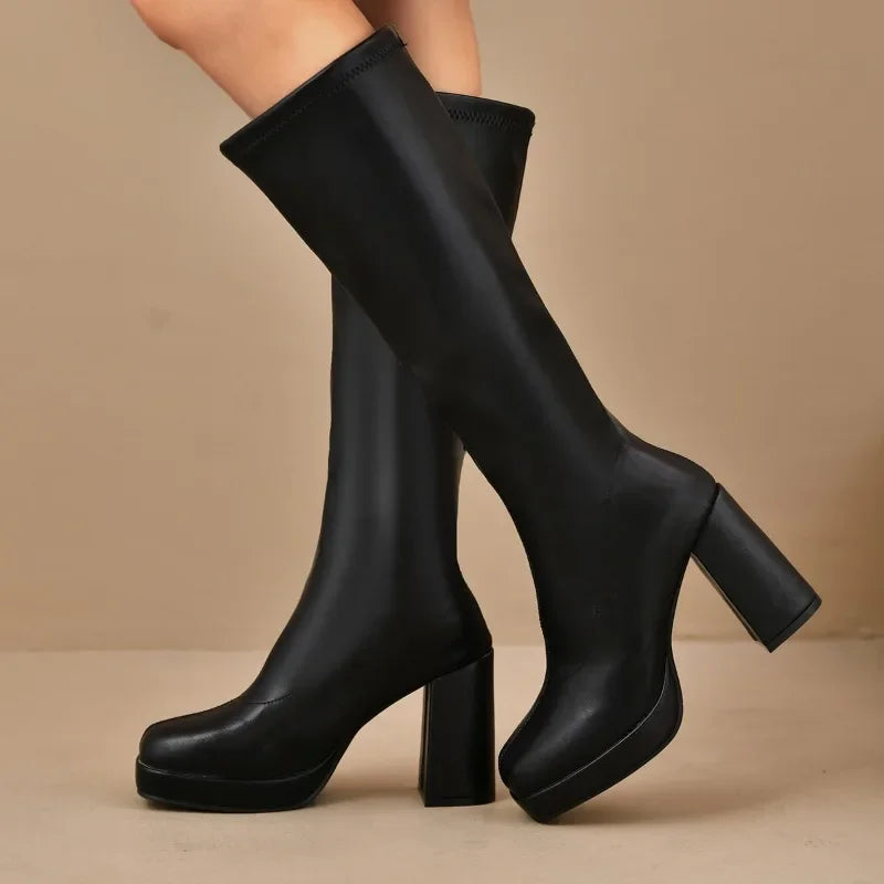 Women’s Over-the-Knee Boots – Chunky Heel – Platform Sole – Sleek Polished Fit