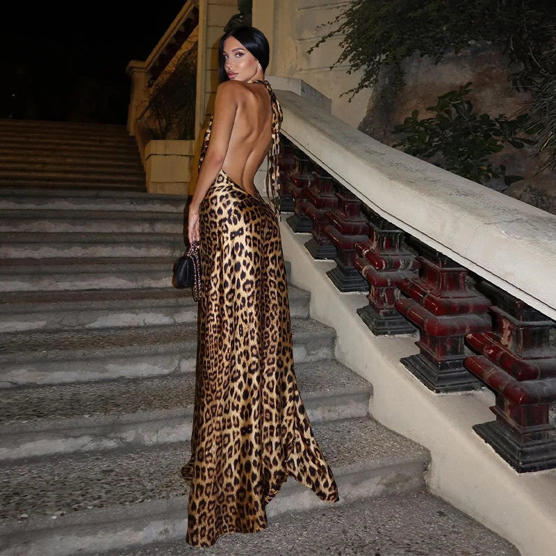 Celia® | Backless sleeveless leopard print maxi dress for evening party