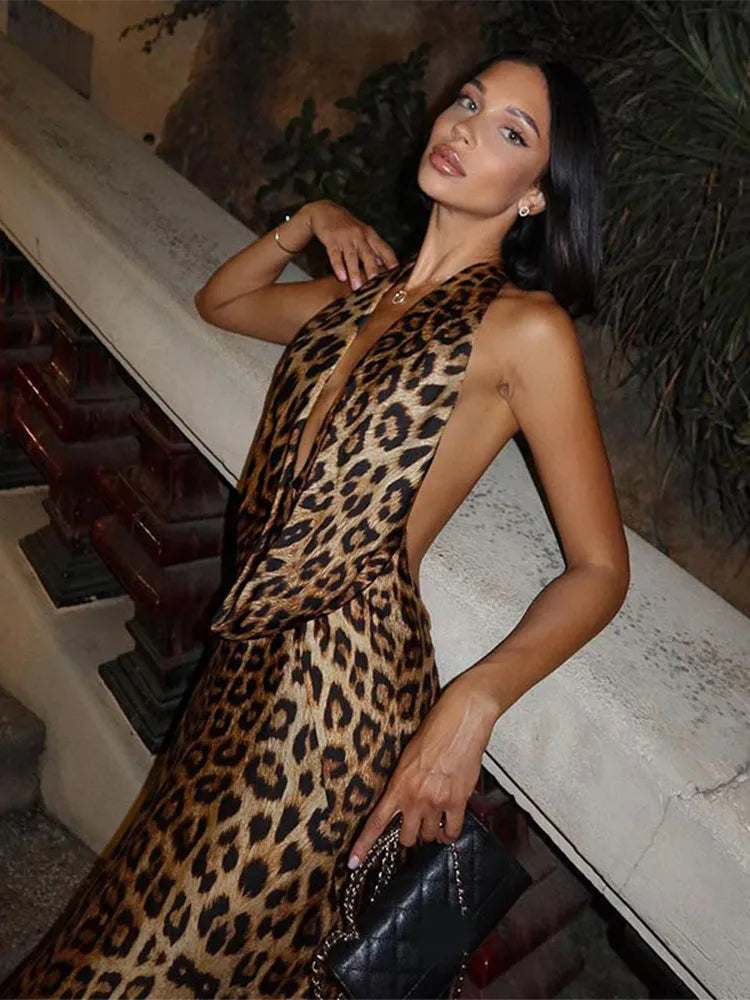 Celia® | Backless sleeveless leopard print maxi dress for evening party