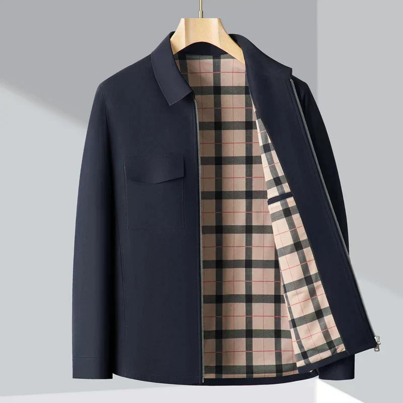 Men’s Jacket – Structured Fit – Collared – Plaid Lining – Hip Length – Casual Style