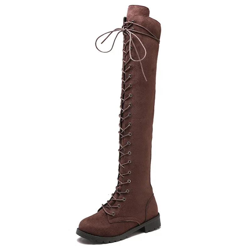 Women’s Over-the-Knee Boots – Suede Feel – Lace-Up Front – Side Zipper – Rugged Sole