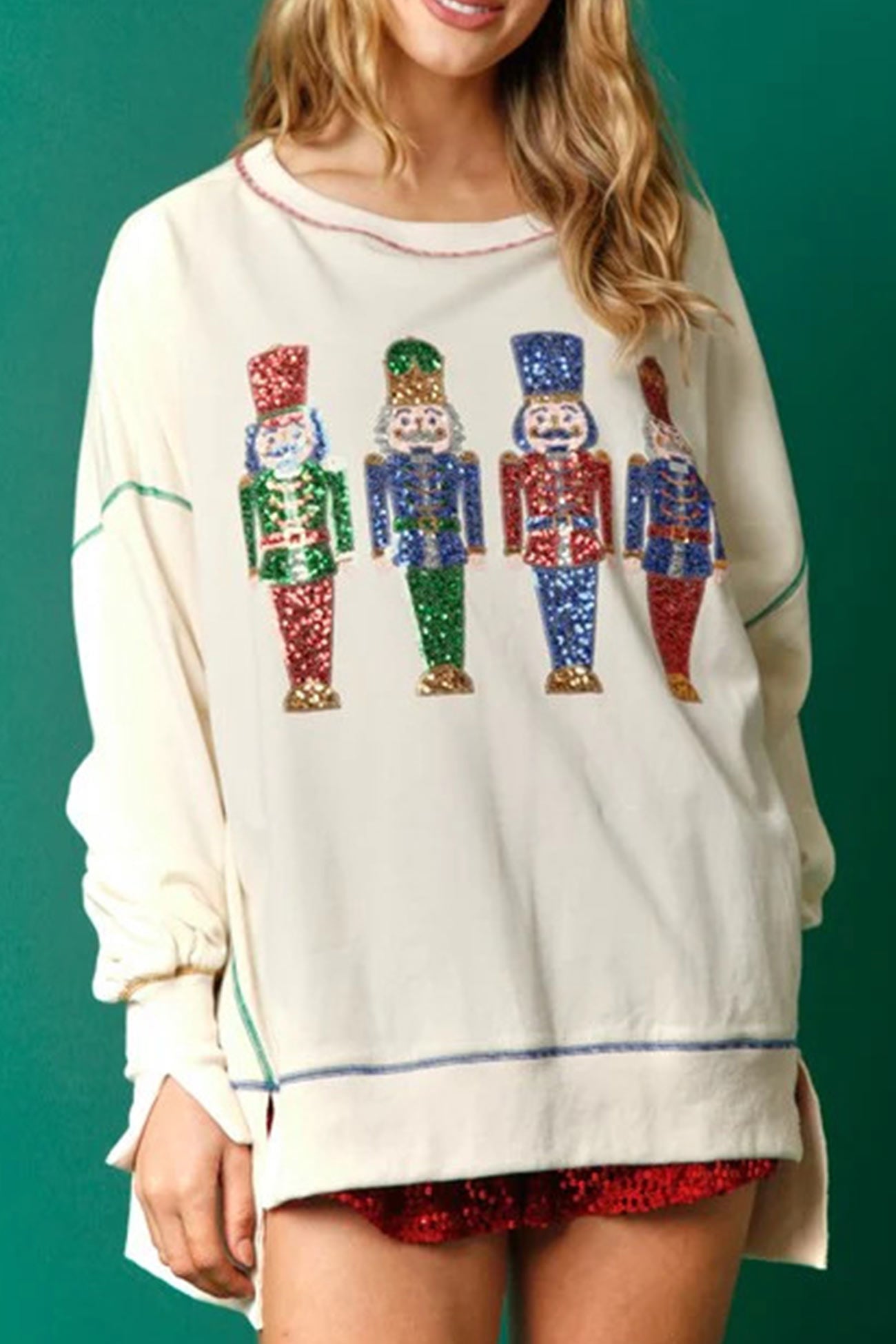 Dominique® | Sequin graphic sweatshirt with slit hem