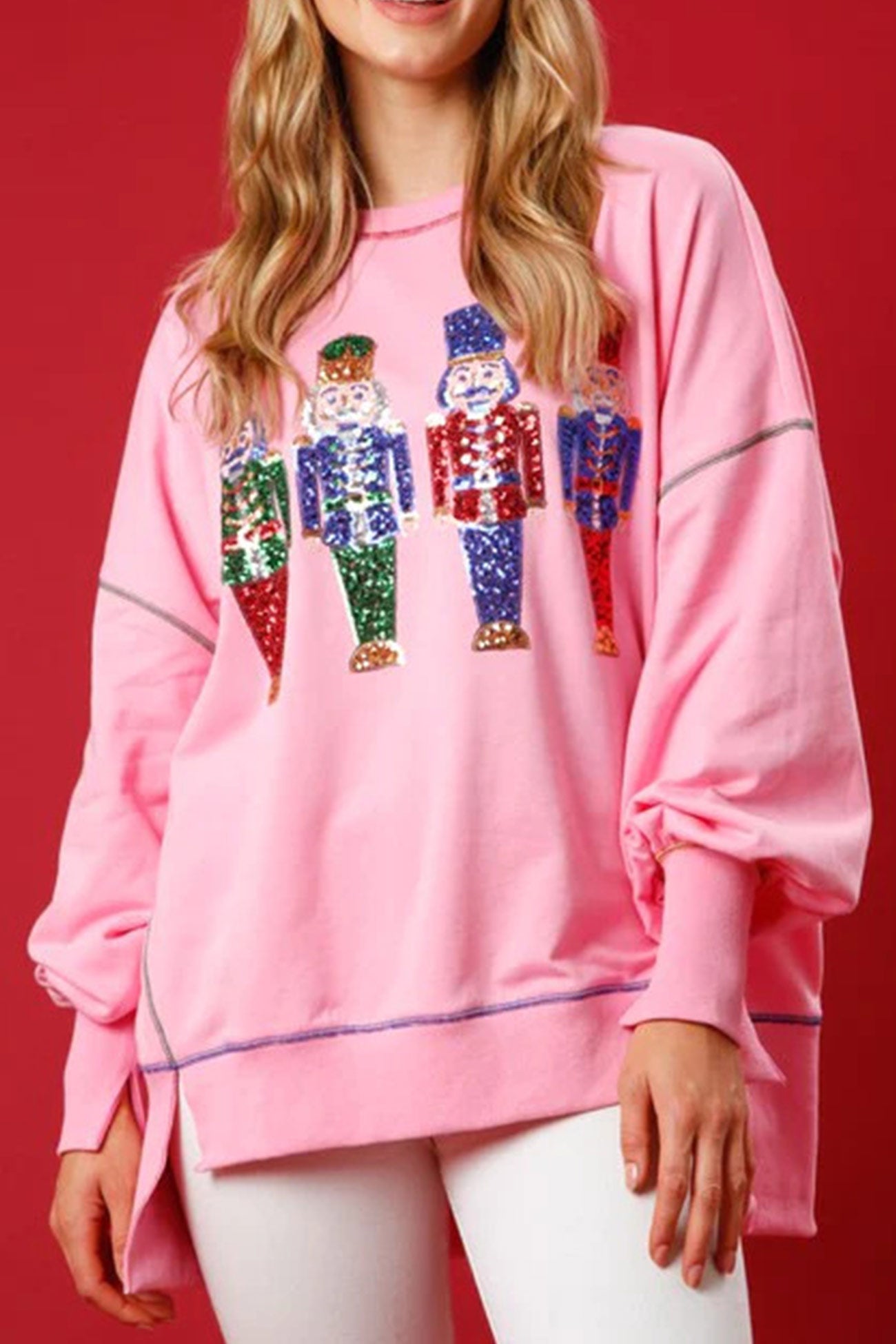 Dominique® | Sequin graphic sweatshirt with slit hem