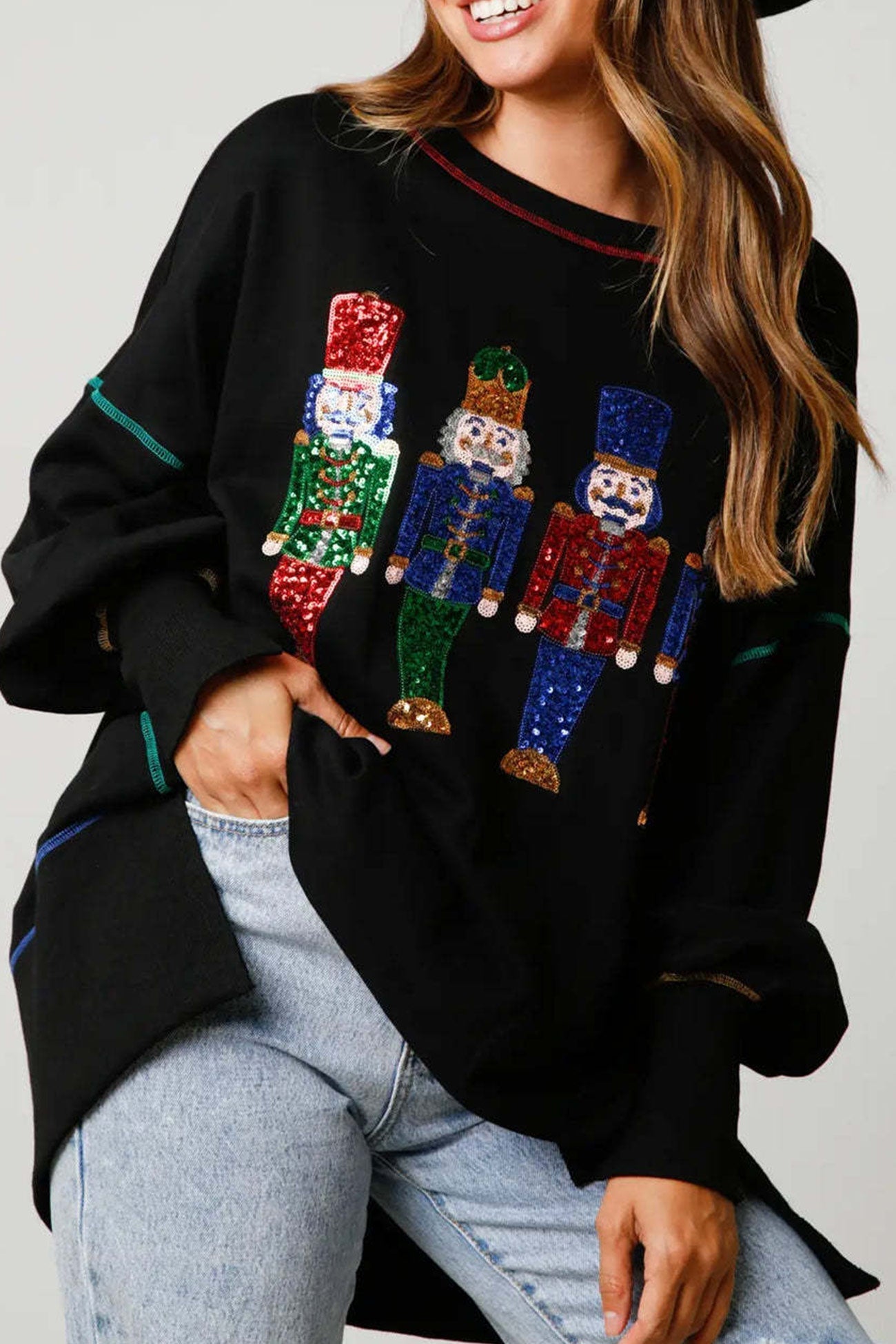 Dominique® | Sequin graphic sweatshirt with slit hem