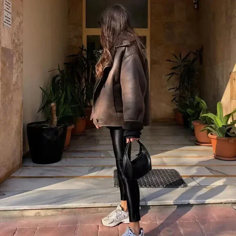 Aurora® | Oversized brown leather jacket