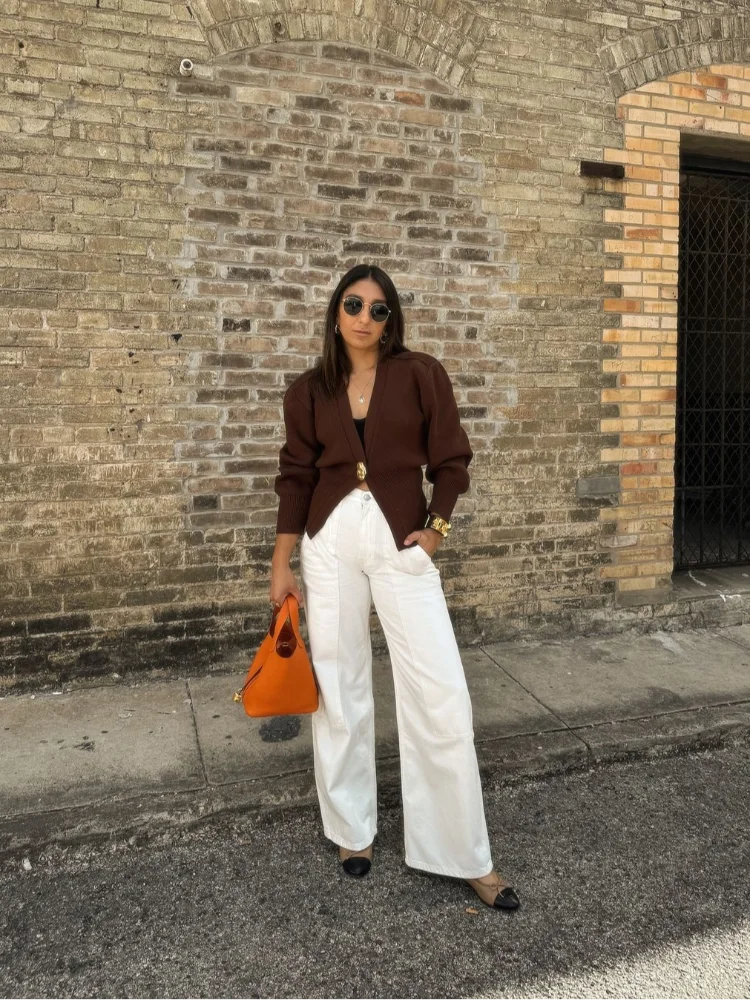 Brigida® | Stylish women's knitted sweater with a button placket in a solid color