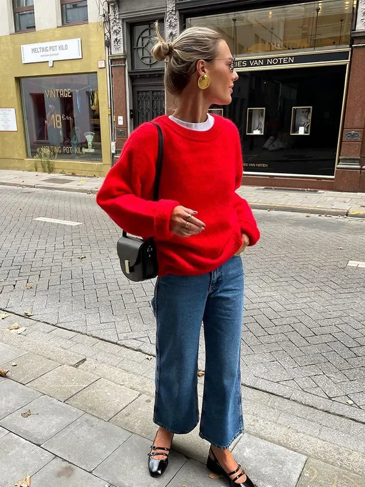 Antonella® | Elegant round neck sweater made of red cotton for women