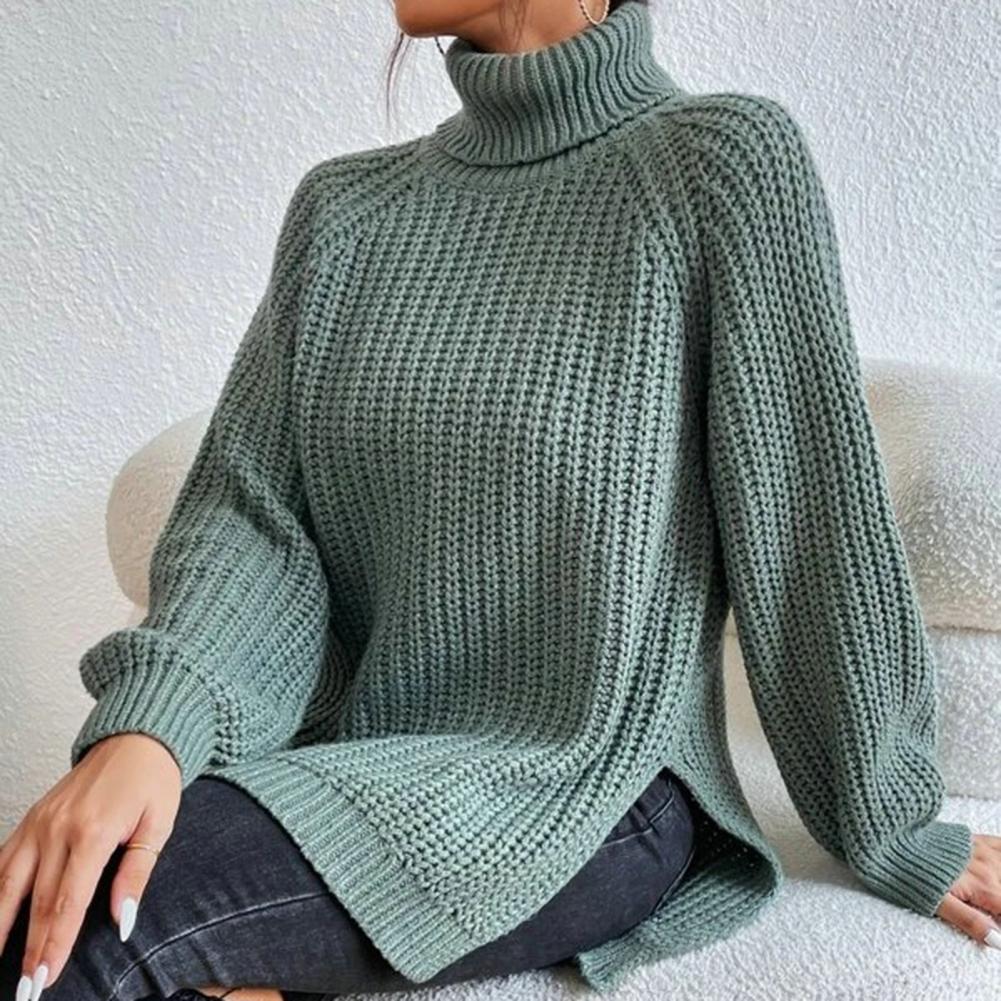Women’s Turtleneck Sweater – Ribbed Wool Knit – Loose Fit – Long Sleeve Pullover