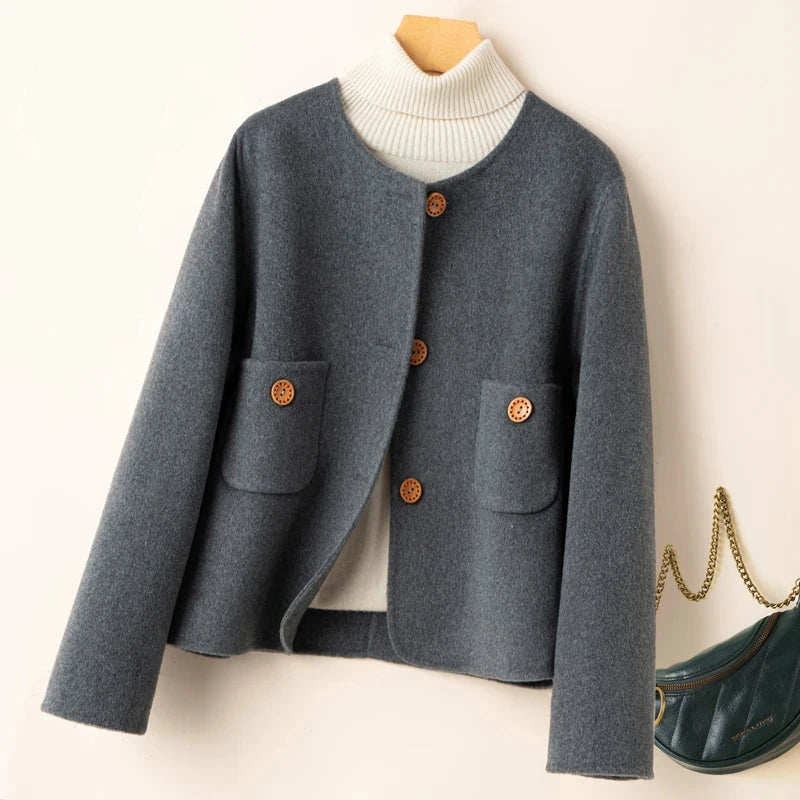 Women’s Cropped Jacket – Wool Blend – Relaxed Fit – Collarless – Button Detail – Pockets