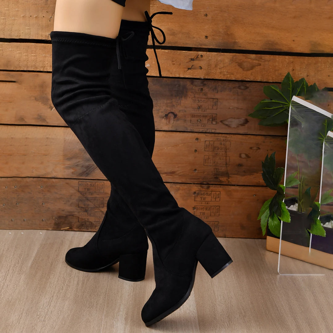 Women’s Over-the-Knee Boots – Suede – Block Heel – Pointed Toe – Lace-Up Back
